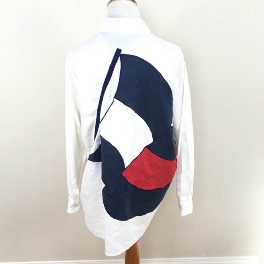Vintage Tommy Hilfiger 90s Linen Flag Logo Oversized Blouse Women’s Sz‎ 6